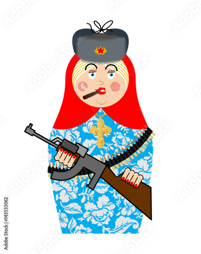 Military Matrioshka with gun. New Russian folk Nested doll. National toy. Traditional toy in Russia