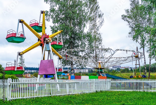 Russia, Republic of Karelia, August 2016: Old Soviet swings in the suburbs