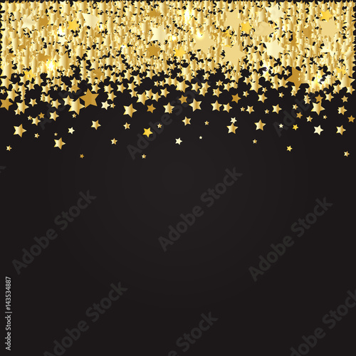 Abstract pattern of random falling gold stars on black background. Glitter pattern for banner, greeting card. Vector illustration