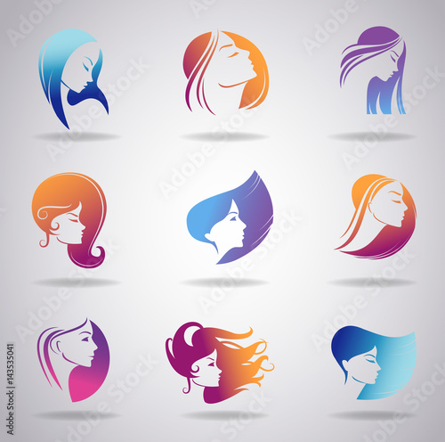 Girls portrait - vector silhouette icons.