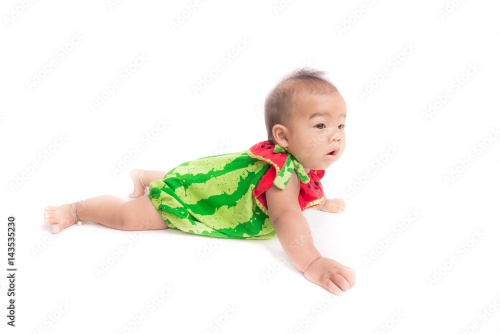 Asian baby girl is crawling on white background. Asian baby girl is crawling on white background.