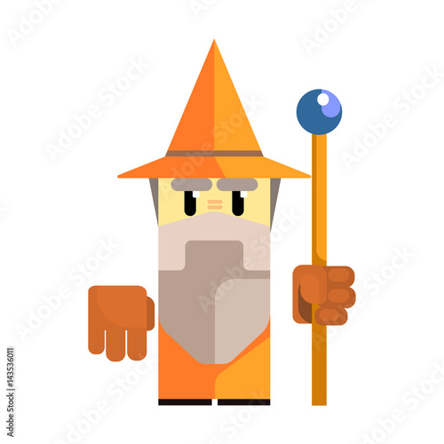 Cute cartoon gnome in an orange hat with a staff in his hands. Fairy tale, fantastic, magical colorful character