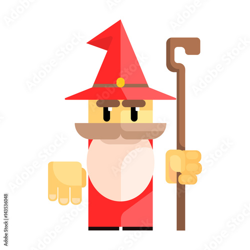 Cute cartoon gnome in a red hat with a staff in his hands. Fairy tale, fantastic, magical colorful character