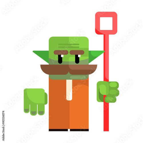 Dwarf with a green face and a staff in his hands. Fairy tale, fantastic, magical colorful character