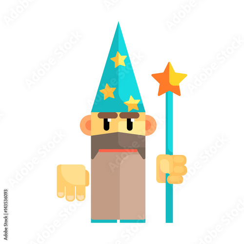 Gnome wizard in blue hat with stars and staff in his hands. Fairy tale, fantastic, magical colorful character