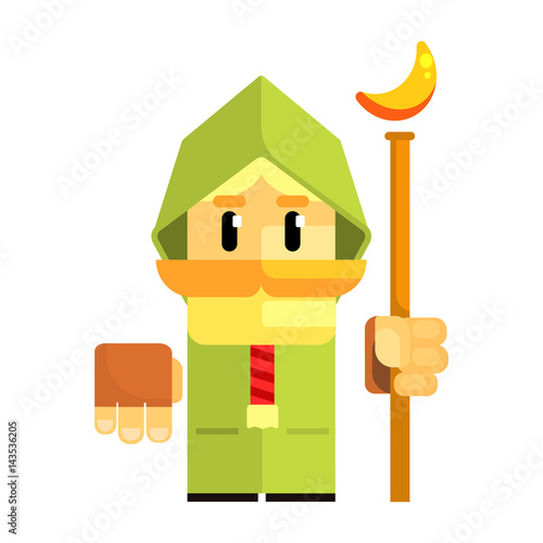 Cartoon dwarf in a green cape with staff in his hands. Fairy tale, fantastic, magical colorful character