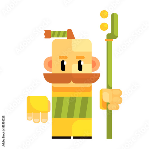 Cartoon gnome with a bald head and a braid on top of the head. Fairy tale, fantastic, magical colorful character