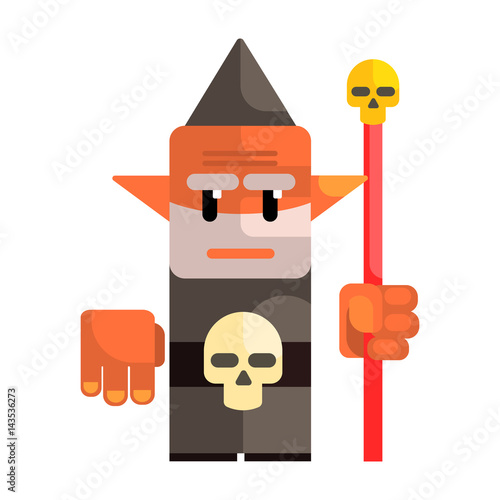 Cartoon dwarf holding a staff with a skull. Fairy tale, fantastic, magical colorful character