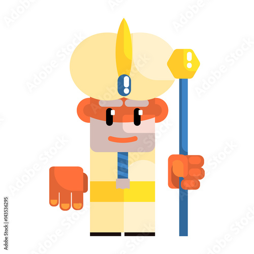 Cartoon dwarf in the turban with staff in his hands. Fairy tale, fantastic, magical colorful character