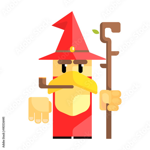 Cartoon garden gnome with smoking pipe. Fairy tale, fantastic, magical colorful character