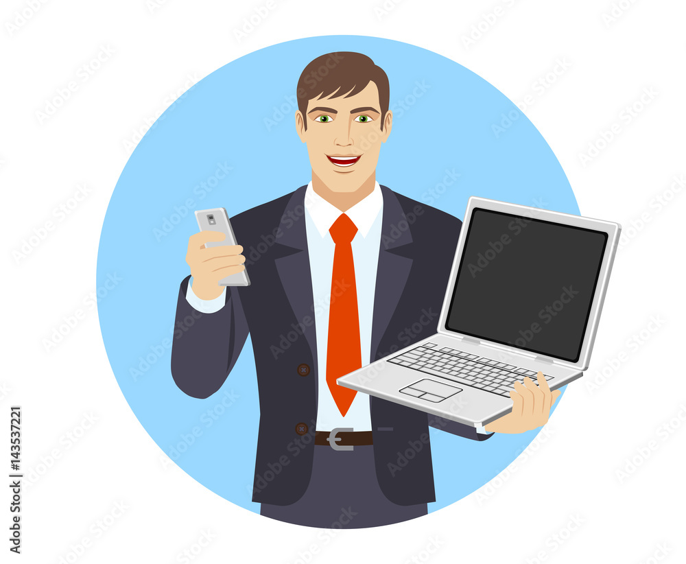 Businessman with mobile phone holding laptop notebook Businessman with mobile phone holding laptop notebook