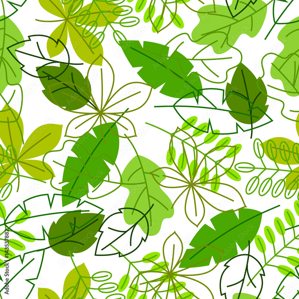 Fototapeta premium Seamless floral pattern with stylized green leaves. Spring or summer foliage