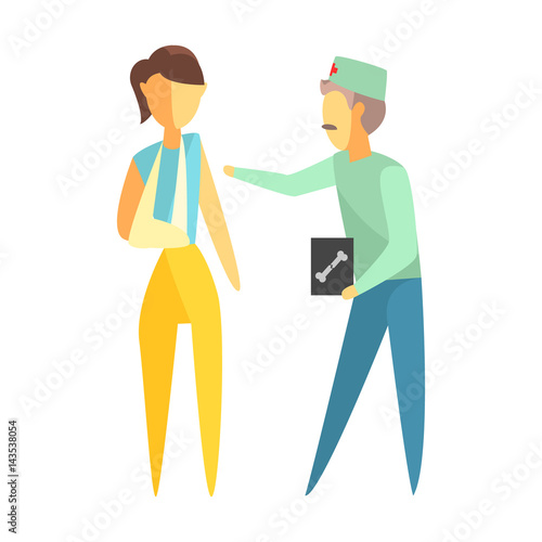 Doctor holding roentgen image and helping a woman with a broken arm. Colorful cartoon characters