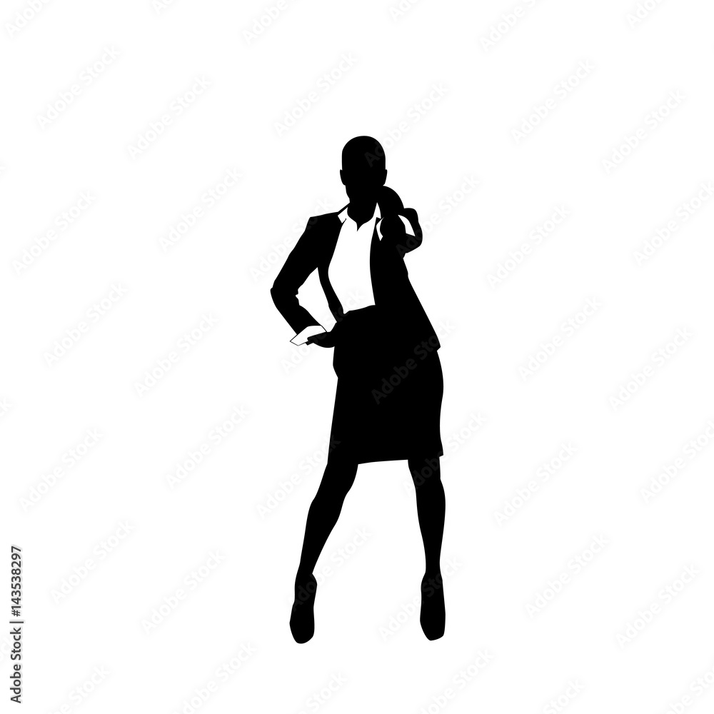 Business Woman Black Silhouette Full Length Speak Cell Smart Phone Call Over White Background Vector Illustration