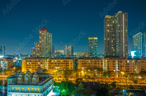 At night, Condominium and high rise buildings in the city.