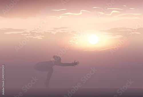 Yoga Sport Fitness Woman Exercise Workout Silhouettes Girl Sunset Background Vector Illustration