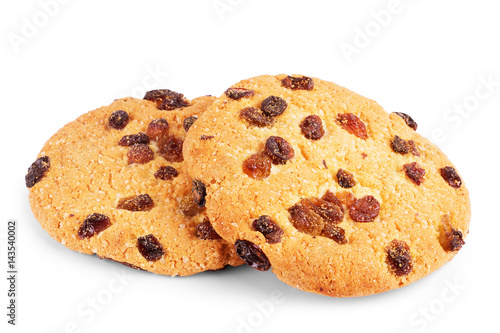 Oatmeal cookies with raisin on white background