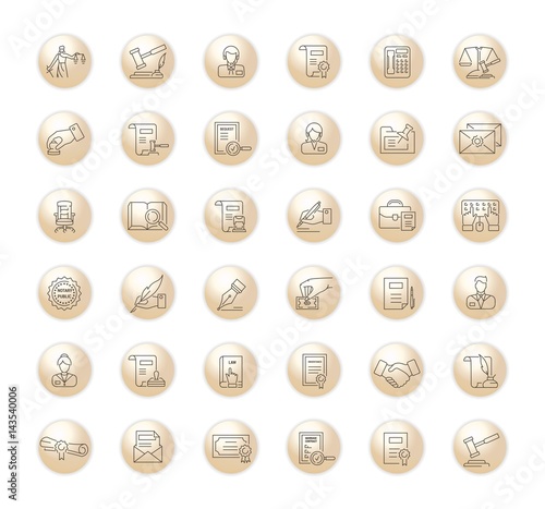 Vector graphic set.Icons in flat, contour,thin, minimal and linear design.Notary office. Paperwork, document notarized.Simple isolated icons.Concept illustration for Web site app.