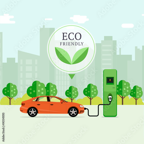 Eco friendly fuel concept. Electric car charging station. EV recharging point or EVSE. Plug-in vehicle getting energy from battery supply.