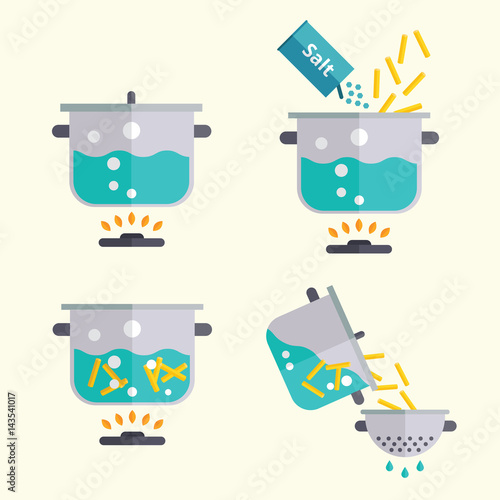 Pasta cooking recipe. Spaghetti or noodles making instruction in steps. Flat design manual vector illustration.