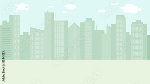 Seamsless city skyline background in flat style design. Cityscape or urban landscape layout. Skyscrapers and residential and office buildings silhouettes. Vector illustration.