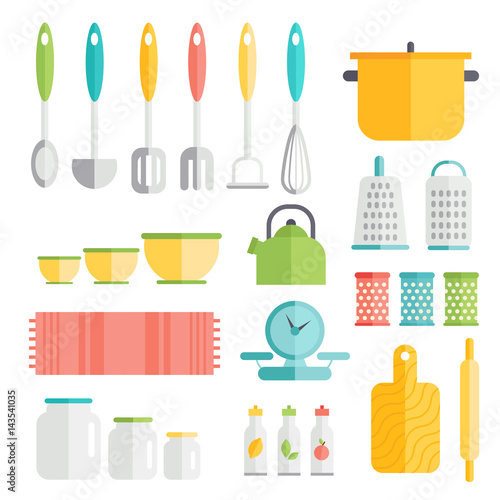 Kitchen utensils in flat style design. Cooking kitchenware icons. Interior and food preparation tools and instruments.