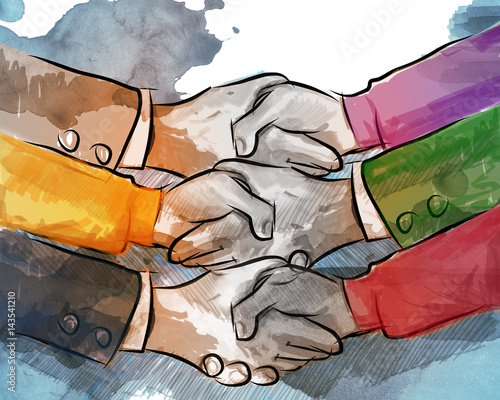 hand shake business concept of partnership deal agreement together lot of hand as a team multilateral trade
