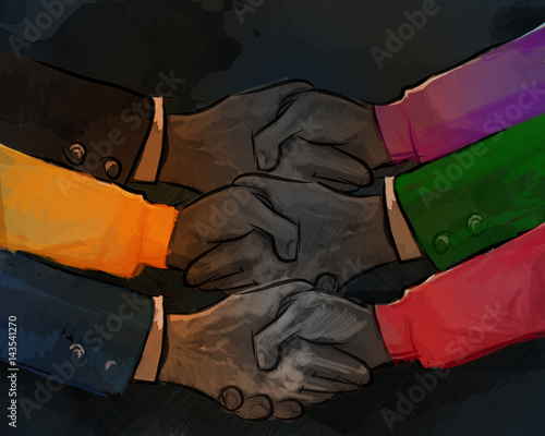 hand shake business concept of partnership deal agreement together lot of hand as a team multilateral trade