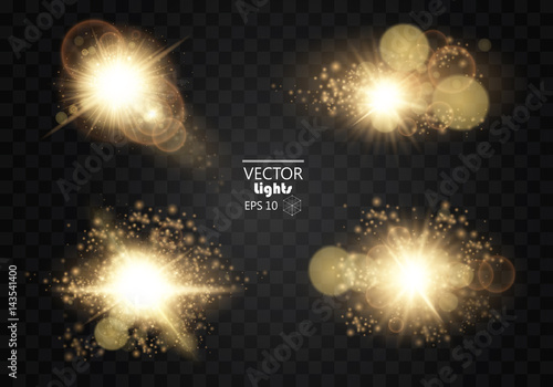 Set. Shining star, the sun particles and sparks with a highlight effect, golden bokeh lights glitter and sequins. On a dark background transparent. Vector, EPS10