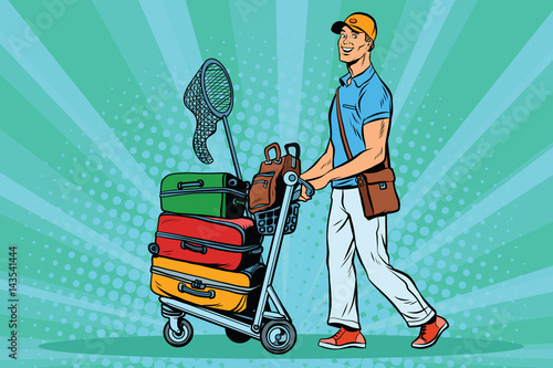 Male passenger traveler with Luggage on the trolley