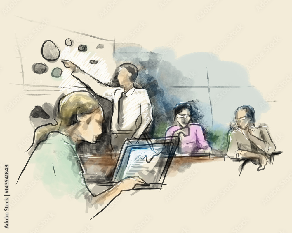 Obraz Partnerzy biznesowi omawianie pomysłów na spotkanie w biurze podczas otwierania laptopa szkic strony rysunku kolor wody