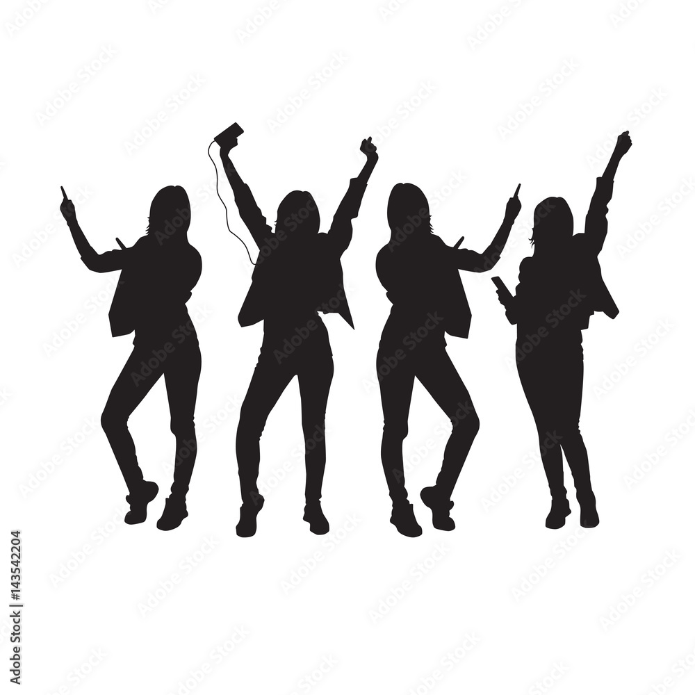 Fototapeta premium Dancing Girl Group Black Silhouette Female Figure Isolated Over White Background Vector Illustration