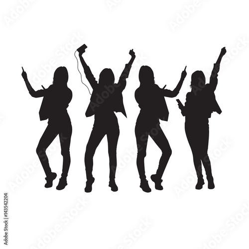 Dancing Girl Group Black Silhouette Female Figure Isolated Over White Background Vector Illustration