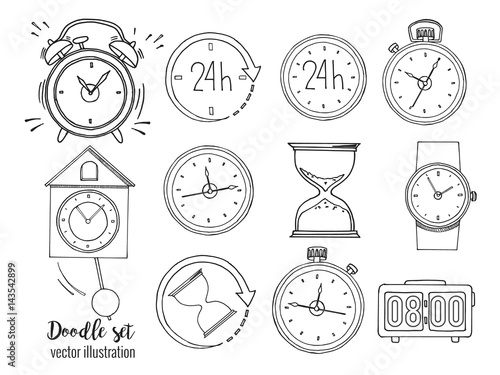 Set of doodle sketch watches. Alarm clocks, sand glasses, stop-watch and timer. Time icon in Hand-drawn style. Vector illustration.