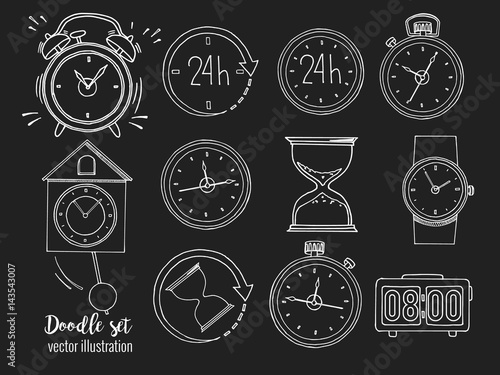 Set of doodle sketch watches on blackboard. Alarm clocks, sand glasses, stop-watch and timer. Time icon in Hand-drawn style. Vector illustration.