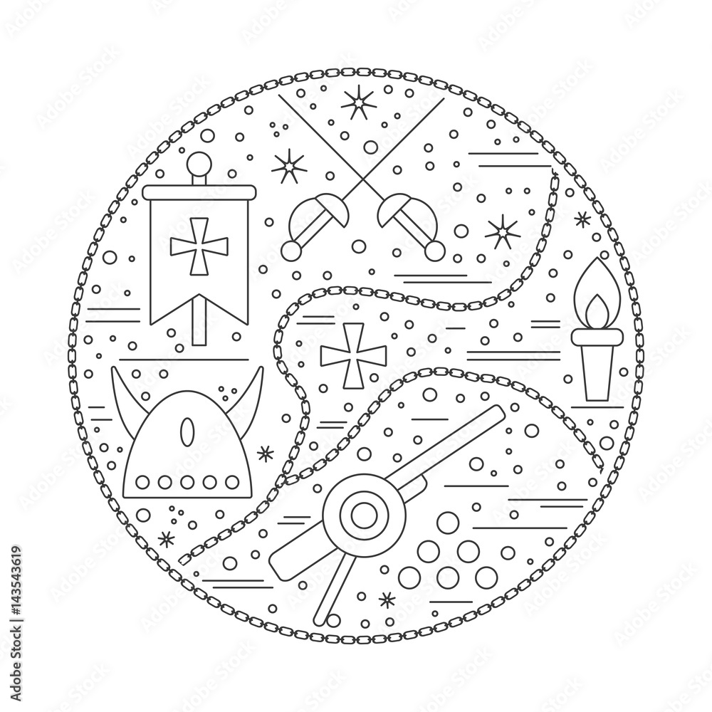 Medieval icons, symbols in round composition. Torch, sabres, horned Viking helmet, cannon with cannonballs, banner, knight flag, knight cross, chain. Medieval design elements isolated. Vector template Medieval icons, symbols in round composition. Torch, sabres, horned Viking helmet, cannon with cannonballs, banner, knight flag, knight cross, chain. Medieval design elements isolated. Vector template