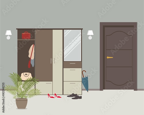 Entrance hall in the apartment. There is a cabinet with things, an umbrella, a flower in a pot, lamps and other objects on the door background in the picture. Vector flat illustration.