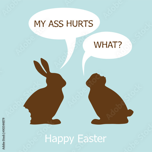 Funny Easter card.Two chocolate Easter Bunny on a blue background. Flat vector illustration