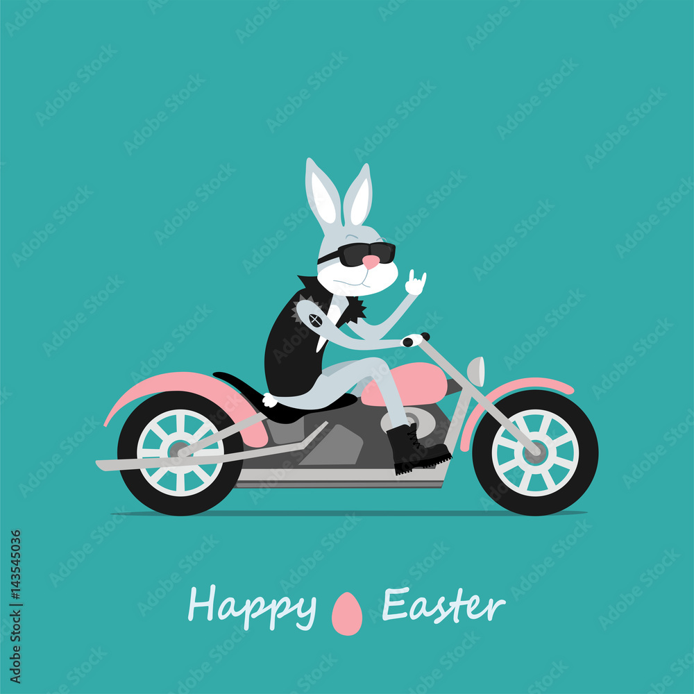 Easter greeting card. Easter Bunny rocker rides on the motorcycle
