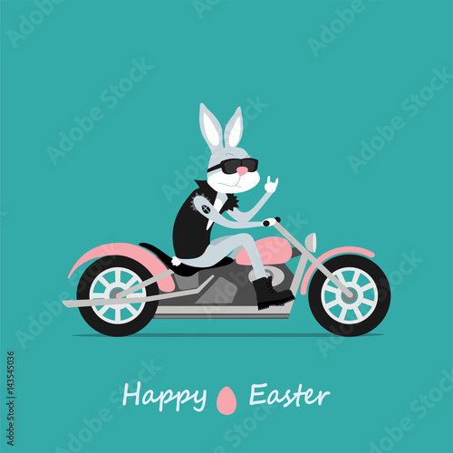 Easter greeting card. Easter Bunny rocker rides on the motorcycle. Inscription Happy Easter. Vector illustration
