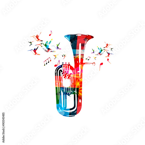 Colorful euphonium with music notes and hummingbirds isolated vector illustration. Music instrument background for poster, brochure, banner, flyer, concert, music festival photo