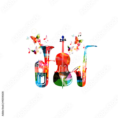 Colorful euphonium, saxophone and violoncello with music notes and butterflies isolated vector illustration. Music instrument background for poster, brochure, banner, flyer, concert, music festival