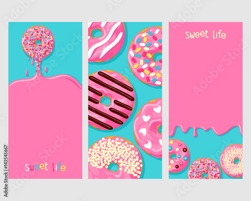 A set of three posters of donuts: donut dripping with it with frosting, donuts with different toppings, and icing flowing down on the donuts 