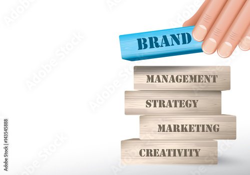 Brand as wooden blocks tower and hand putting one piece on top