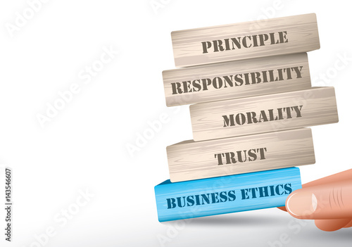 Business ethics concept fall of the wooden blocks tower