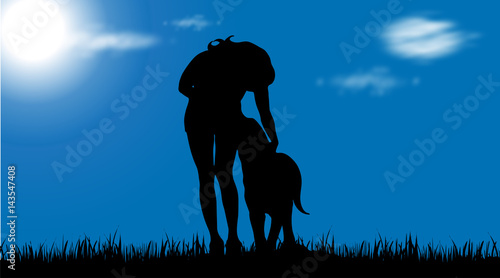 Vector silhouette of woman with dog on garden.
