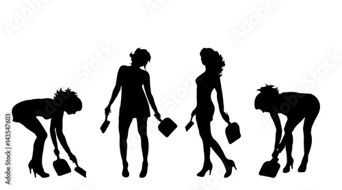Vectro silhouette of woman who cleans on white background.