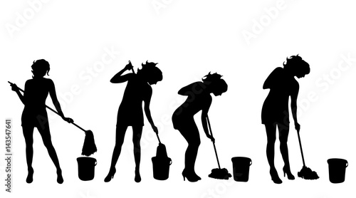 Vectro silhouette of woman who cleans on white background.