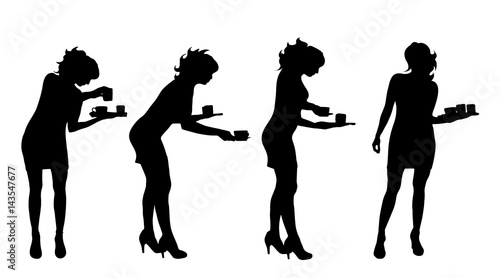 Vector silhouette of waitres on white background.