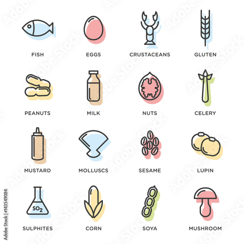 Allergen vector icons set. Food allergens symbols emblems signs collection